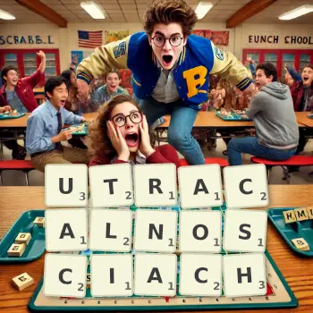 Kreatywna ilustracja do gry w Scrabble ze słowem UTRACALNOSCIACH ułożonym z płytek na planszy.