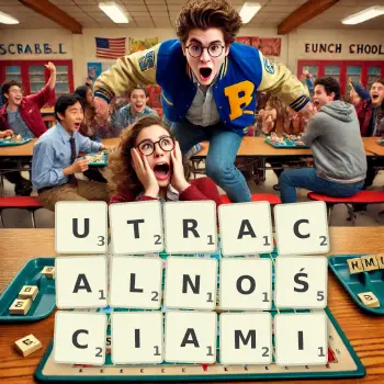 Kreatywna ilustracja do gry w Scrabble ze słowem UTRACALNOŚCIAMI ułożonym z płytek na planszy.