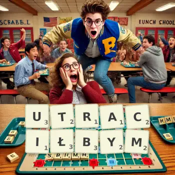 Kreatywna ilustracja do gry w Scrabble ze słowem UTRACIŁBYM ułożonym z płytek na planszy.