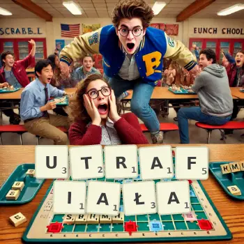 Kreatywna ilustracja do gry w Scrabble ze słowem UTRAFIAŁA ułożonym z płytek na planszy.