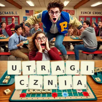 Kreatywna ilustracja do gry w Scrabble ze słowem UTRAGICZNIA ułożonym z płytek na planszy.
