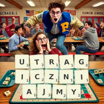 Kreatywna ilustracja do gry w Scrabble ze słowem UTRAGICZNIAJMY ułożonym z płytek na planszy.