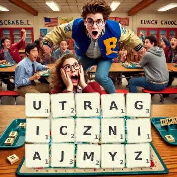 Kreatywna ilustracja do gry w Scrabble ze słowem UTRAGICZNIAJMYZ ułożonym z płytek na planszy.