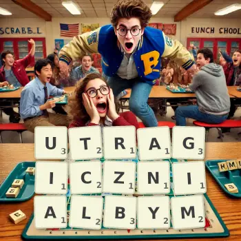 Kreatywna ilustracja do gry w Scrabble ze słowem UTRAGICZNIALBYM ułożonym z płytek na planszy.