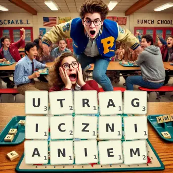 Kreatywna ilustracja do gry w Scrabble ze słowem UTRAGICZNIANIEM ułożonym z płytek na planszy.