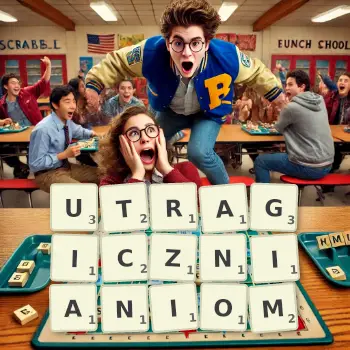 Kreatywna ilustracja do gry w Scrabble ze słowem UTRAGICZNIANIOM ułożonym z płytek na planszy.