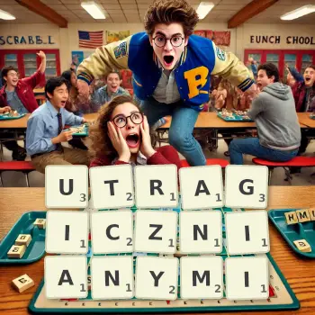 Kreatywna ilustracja do gry w Scrabble ze słowem UTRAGICZNIANYMI ułożonym z płytek na planszy.