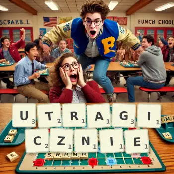 Kreatywna ilustracja do gry w Scrabble ze słowem UTRAGICZNIE ułożonym z płytek na planszy.