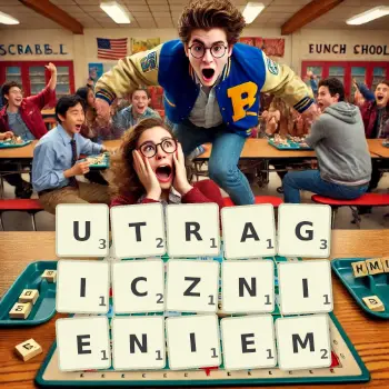 Kreatywna ilustracja do gry w Scrabble ze słowem UTRAGICZNIENIEM ułożonym z płytek na planszy.