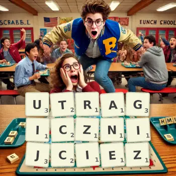 Kreatywna ilustracja do gry w Scrabble ze słowem UTRAGICZNIJCIEZ ułożonym z płytek na planszy.