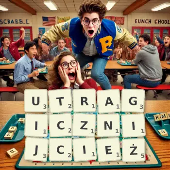 Kreatywna ilustracja do gry w Scrabble ze słowem UTRAGICZNIJCIEŻ ułożonym z płytek na planszy.