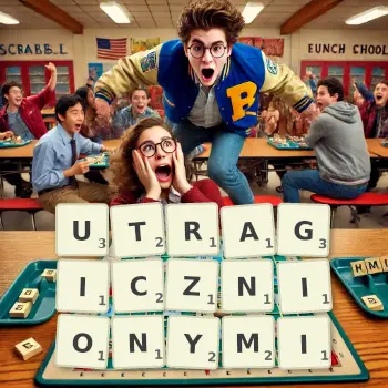 Kreatywna ilustracja do gry w Scrabble ze słowem UTRAGICZNIONYMI ułożonym z płytek na planszy.