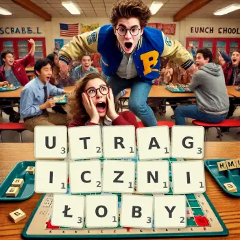 Kreatywna ilustracja do gry w Scrabble ze słowem UTRAGICZNIŁOBY ułożonym z płytek na planszy.