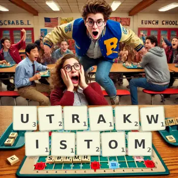 Kreatywna ilustracja do gry w Scrabble ze słowem UTRAKWISTOM ułożonym z płytek na planszy.