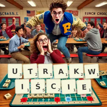 Kreatywna ilustracja do gry w Scrabble ze słowem UTRAKWIŚCIE ułożonym z płytek na planszy.