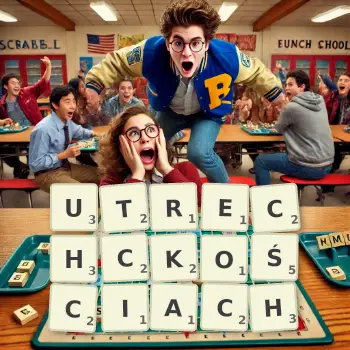 Kreatywna ilustracja do gry w Scrabble ze słowem UTRECHCKOŚCIACH ułożonym z płytek na planszy.