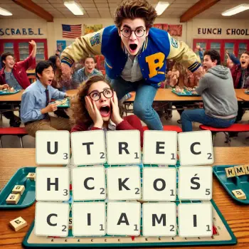 Kreatywna ilustracja do gry w Scrabble ze słowem UTRECHCKOŚCIAMI ułożonym z płytek na planszy.