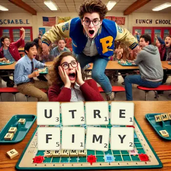 Kreatywna ilustracja do gry w Scrabble ze słowem UTREFIMY ułożonym z płytek na planszy.