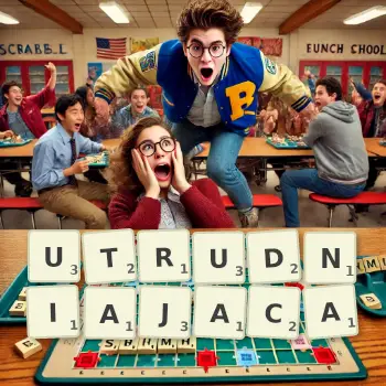 Kreatywna ilustracja do gry w Scrabble ze słowem UTRUDNIAJACA ułożonym z płytek na planszy.