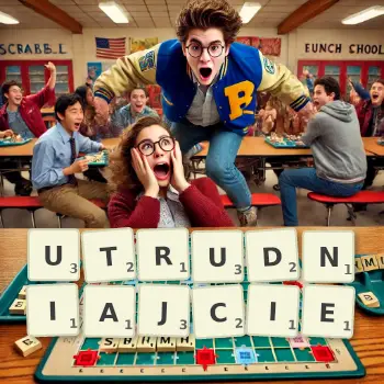 Kreatywna ilustracja do gry w Scrabble ze słowem UTRUDNIAJCIE ułożonym z płytek na planszy.