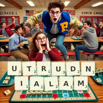 Kreatywna ilustracja do gry w Scrabble ze słowem UTRUDNIALAM ułożonym z płytek na planszy.