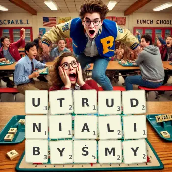 Kreatywna ilustracja do gry w Scrabble ze słowem UTRUDNIALIBYŚMY ułożonym z płytek na planszy.