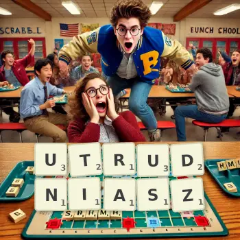 Kreatywna ilustracja do gry w Scrabble ze słowem UTRUDNIASZ ułożonym z płytek na planszy.