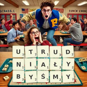 Kreatywna ilustracja do gry w Scrabble ze słowem UTRUDNIAŁYBYŚMY ułożonym z płytek na planszy.