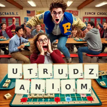 Kreatywna ilustracja do gry w Scrabble ze słowem UTRUDZANIOM ułożonym z płytek na planszy.