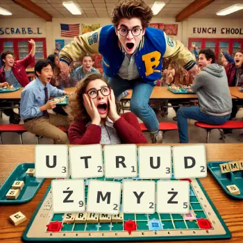 Kreatywna ilustracja do gry w Scrabble ze słowem UTRUDŹMYŻ ułożonym z płytek na planszy.