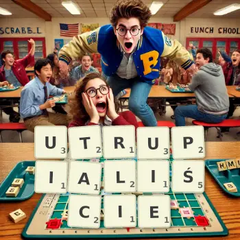 Kreatywna ilustracja do gry w Scrabble ze słowem UTRUPIALIŚCIE ułożonym z płytek na planszy.