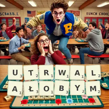 Kreatywna ilustracja do gry w Scrabble ze słowem UTRWALAŁOBYM ułożonym z płytek na planszy.