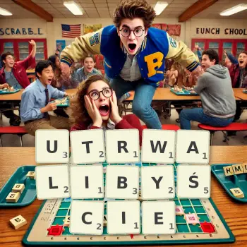 Kreatywna ilustracja do gry w Scrabble ze słowem UTRWALIBYŚCIE ułożonym z płytek na planszy.