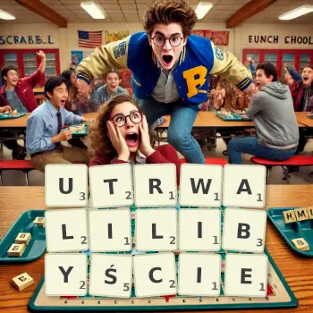 Kreatywna ilustracja do gry w Scrabble ze słowem UTRWALILIBYŚCIE ułożonym z płytek na planszy.