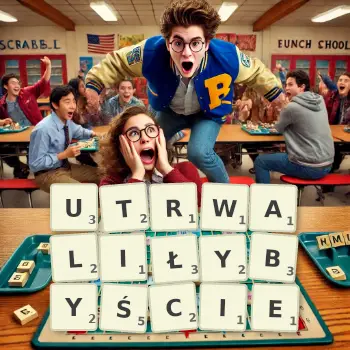 Kreatywna ilustracja do gry w Scrabble ze słowem UTRWALIŁYBYŚCIE ułożonym z płytek na planszy.