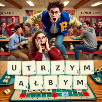 Kreatywna ilustracja do gry w Scrabble ze słowem UTRZYMAŁBYM ułożonym z płytek na planszy.