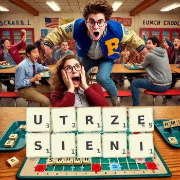 Kreatywna ilustracja do gry w Scrabble ze słowem UTRZĘSIENI ułożonym z płytek na planszy.