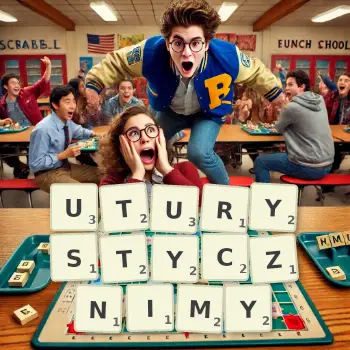 Kreatywna ilustracja do gry w Scrabble ze słowem UTURYSTYCZNIMY ułożonym z płytek na planszy.