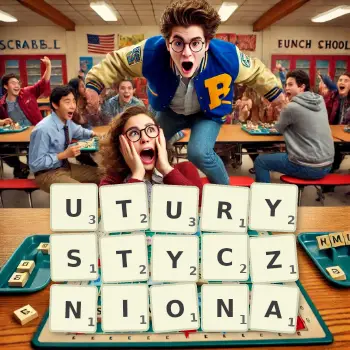 Kreatywna ilustracja do gry w Scrabble ze słowem UTURYSTYCZNIONA ułożonym z płytek na planszy.