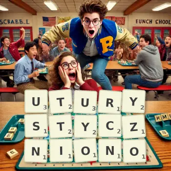 Kreatywna ilustracja do gry w Scrabble ze słowem UTURYSTYCZNIONO ułożonym z płytek na planszy.