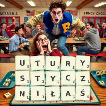 Kreatywna ilustracja do gry w Scrabble ze słowem UTURYSTYCZNIŁAŚ ułożonym z płytek na planszy.