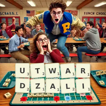 Kreatywna ilustracja do gry w Scrabble ze słowem UTWARDZALI ułożonym z płytek na planszy.