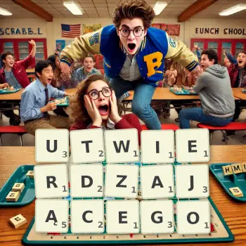 Kreatywna ilustracja do gry w Scrabble ze słowem UTWIERDZAJĄCEGO ułożonym z płytek na planszy.