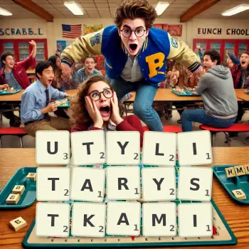 Kreatywna ilustracja do gry w Scrabble ze słowem UTYLITARYSTKAMI ułożonym z płytek na planszy.