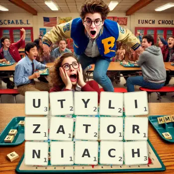 Kreatywna ilustracja do gry w Scrabble ze słowem UTYLIZATORNIACH ułożonym z płytek na planszy.