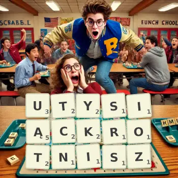 Kreatywna ilustracja do gry w Scrabble ze słowem UTYSIĄCKROTNISZ ułożonym z płytek na planszy.