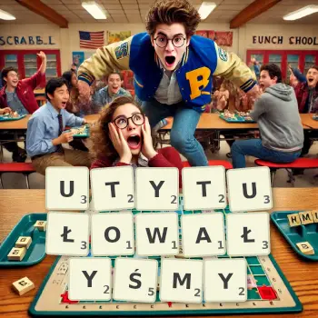 Kreatywna ilustracja do gry w Scrabble ze słowem UTYTUŁOWAŁYŚMY ułożonym z płytek na planszy.