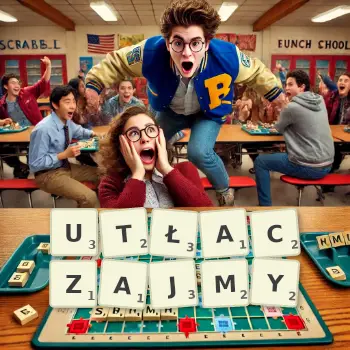 Kreatywna ilustracja do gry w Scrabble ze słowem UTŁACZAJMY ułożonym z płytek na planszy.