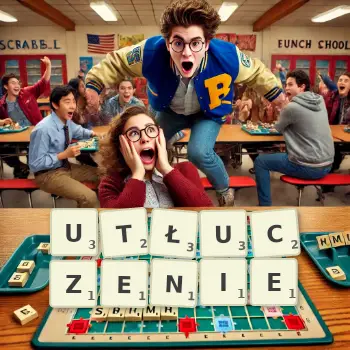 Kreatywna ilustracja do gry w Scrabble ze słowem UTŁUCZENIE ułożonym z płytek na planszy.