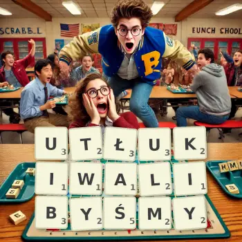 Kreatywna ilustracja do gry w Scrabble ze słowem UTŁUKIWALIBYŚMY ułożonym z płytek na planszy.